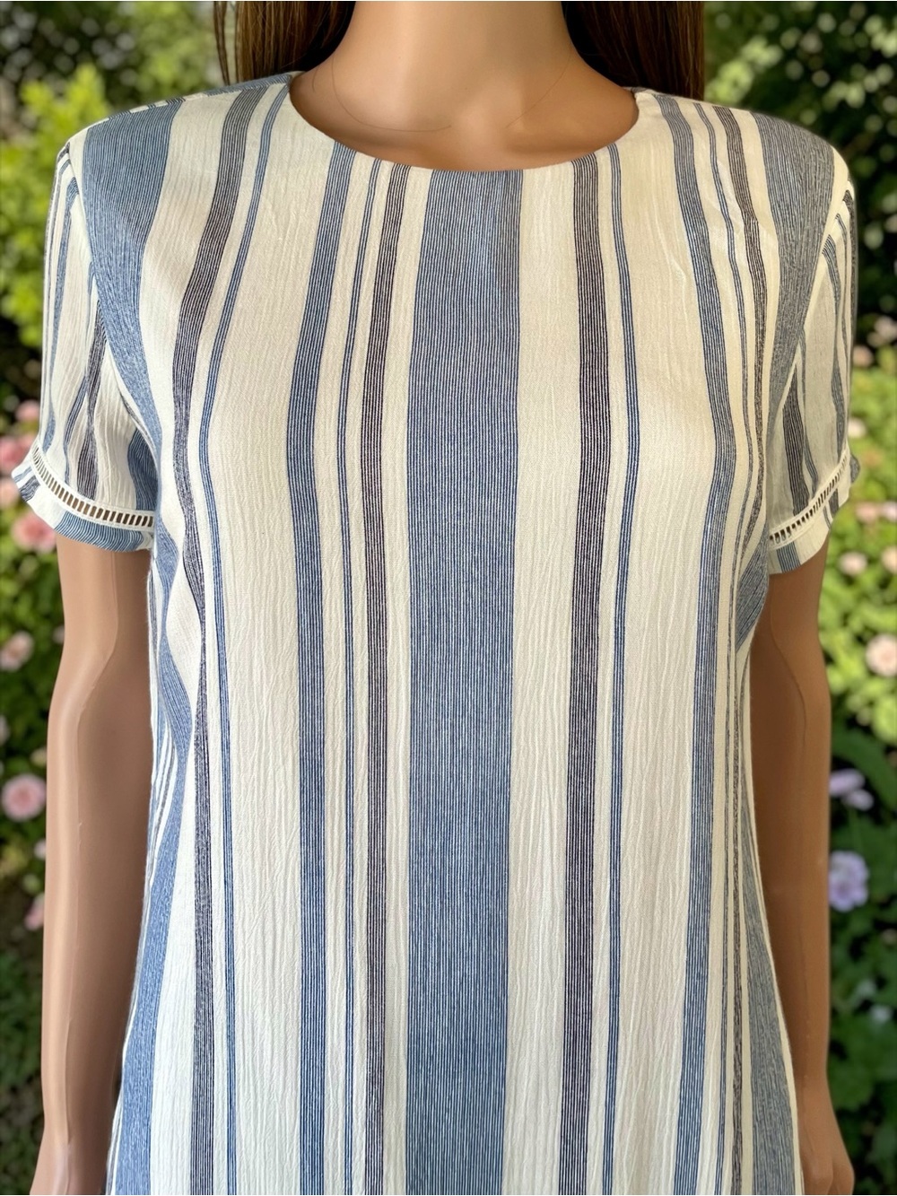Lulus Blue & White Striped Shift Mini Dress XS Lined Rayon Coastal Boho - Picture 2 of 7